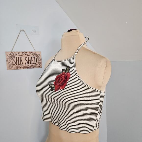 White Fawn Top Rose Embroidered Halter Crop Top Large Striped Summer Y2K Floral - Picture 6 of 12